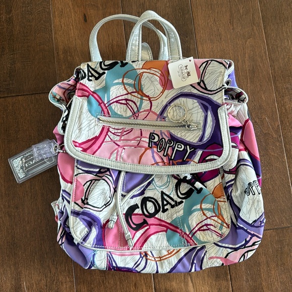 NWT Coach Poppy scribble c backpack silver hardware pink purple silver - Picture 1 of 9